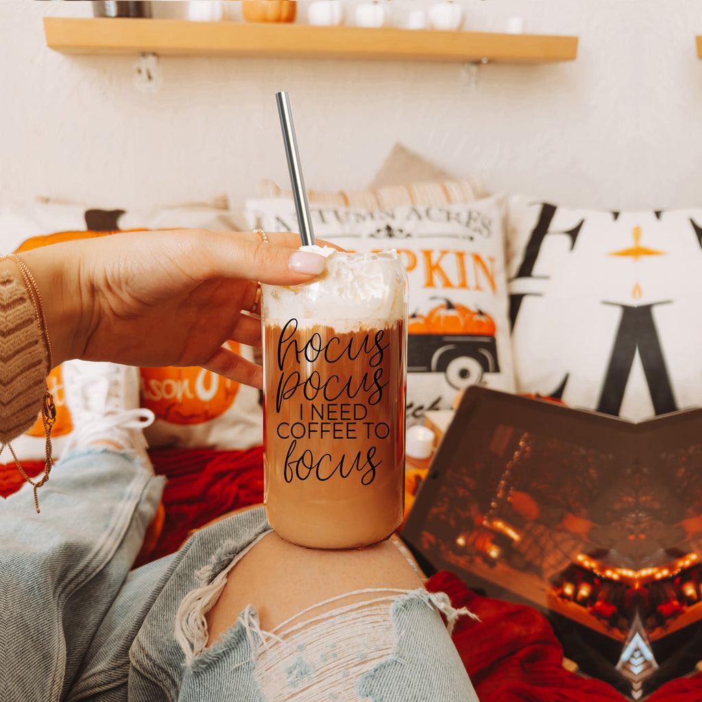 Hocus Pocus 17oz Glass Tumbler Bamboo Lid, Stainless Straws, Coffee Quote BandsCo Straps