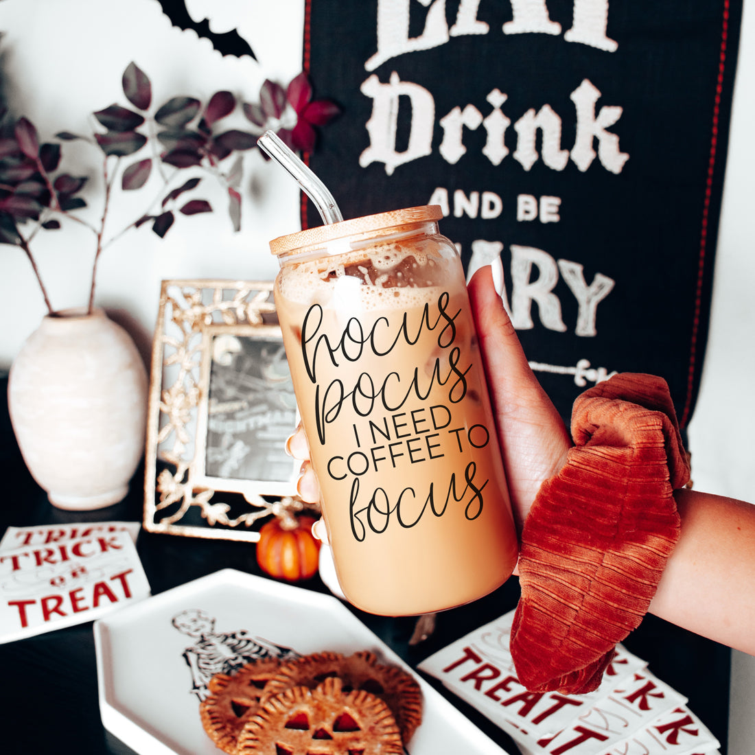 Hocus Pocus 20oz Glass Tumbler With Bamboo Lid, Stainless Straws and Cleaner BandsCo Straps