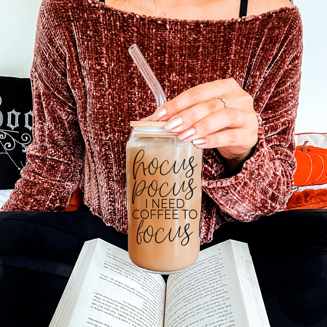 Hocus Pocus 20oz Glass Tumbler With Bamboo Lid, Stainless Straws and Cleaner BandsCo Straps