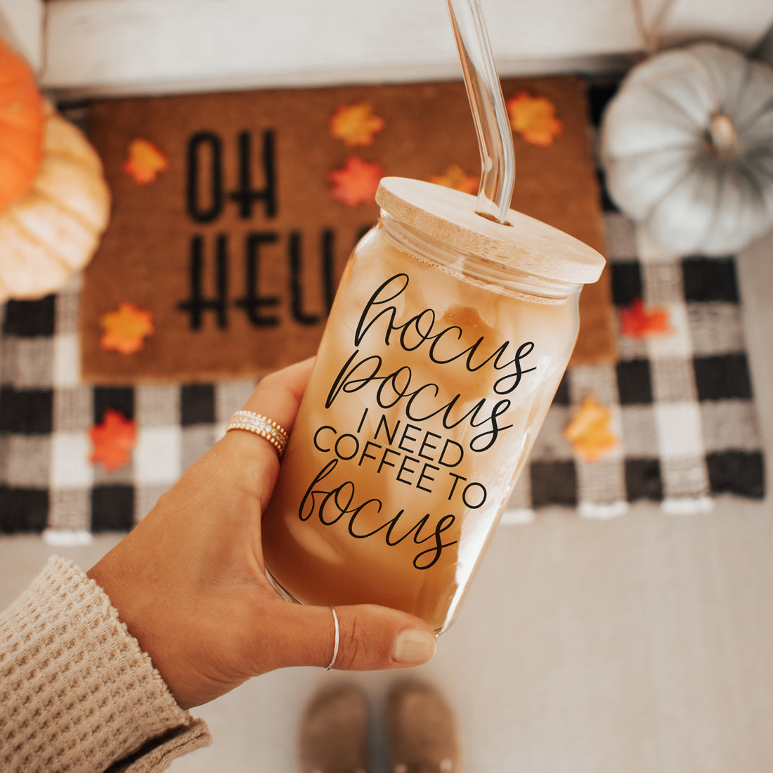 Hocus Pocus 20oz Glass Tumbler With Bamboo Lid, Stainless Straws and Cleaner BandsCo Straps