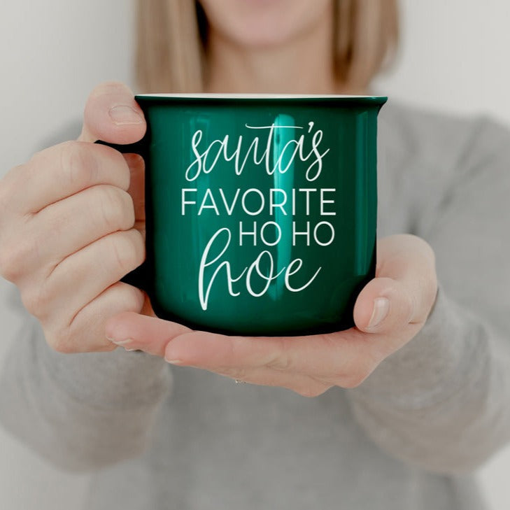 Ho Ho Hoe Holiday Mug 14.5oz Ceramic Campfire Style Double Sided Red Or Green Microwave Safe BandsCo Straps