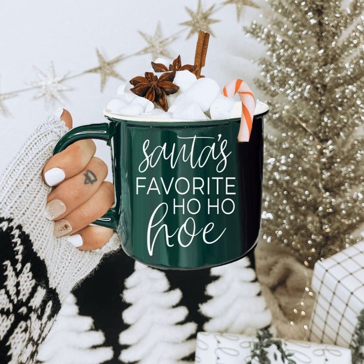 Ho Ho Hoe Holiday Mug 14.5oz Ceramic Campfire Style Double Sided Red Or Green Microwave Safe BandsCo Straps