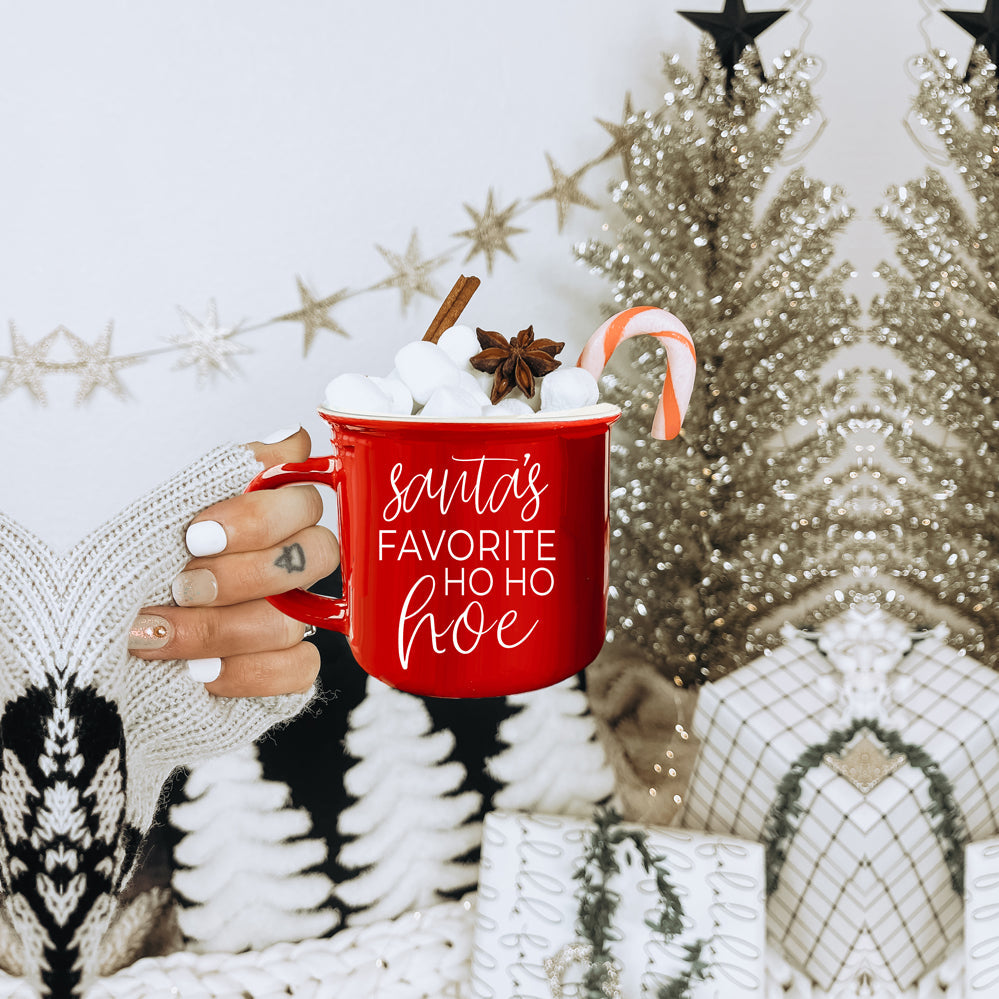 Ho Ho Hoe Holiday Mug 14.5oz Ceramic Campfire Style Double Sided Red Or Green Microwave Safe BandsCo Straps