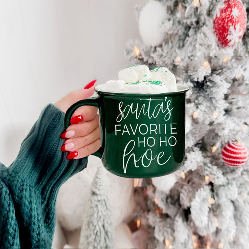 Ho Ho Hoe Holiday Mug 14.5oz Ceramic Campfire Style Double Sided Red Or Green Microwave Safe BandsCo Straps