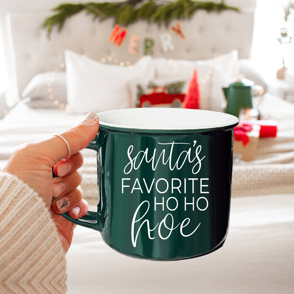Ho Ho Hoe Holiday Mug 14.5oz Ceramic Campfire Style Double Sided Red Or Green Microwave Safe BandsCo Straps