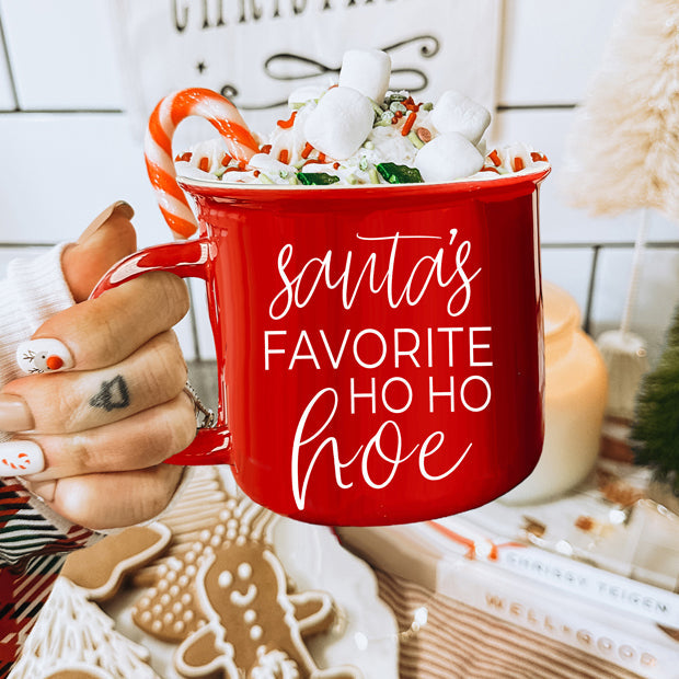 Ho Ho Hoe Holiday Mug 14.5oz Ceramic Campfire Style Double Sided Red Or Green Microwave Safe BandsCo Straps