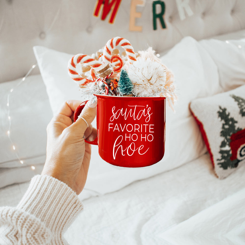 Ho Ho Hoe Holiday Mug 14.5oz Ceramic Campfire Style Double Sided Red Or Green Microwave Safe BandsCo Straps