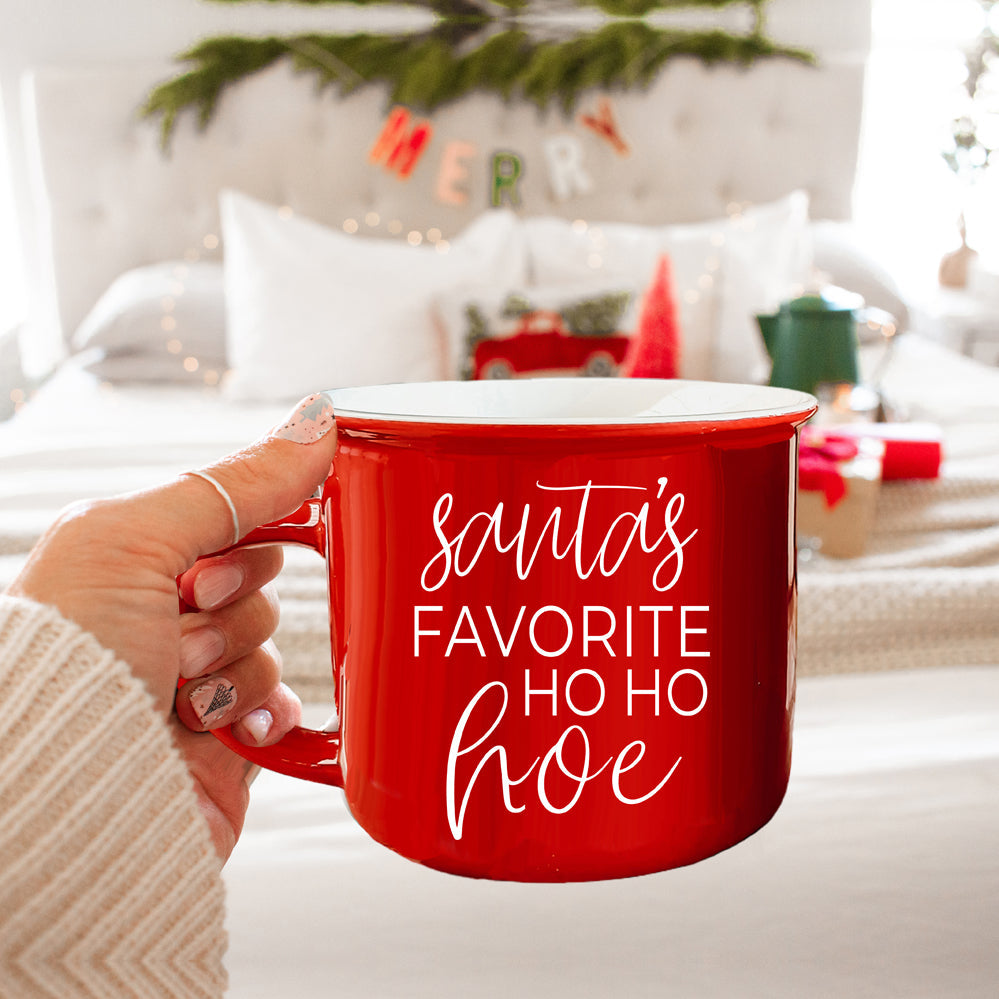Ho Ho Hoe Holiday Mug 14.5oz Ceramic Campfire Style Double Sided Red Or Green Microwave Safe BandsCo Straps