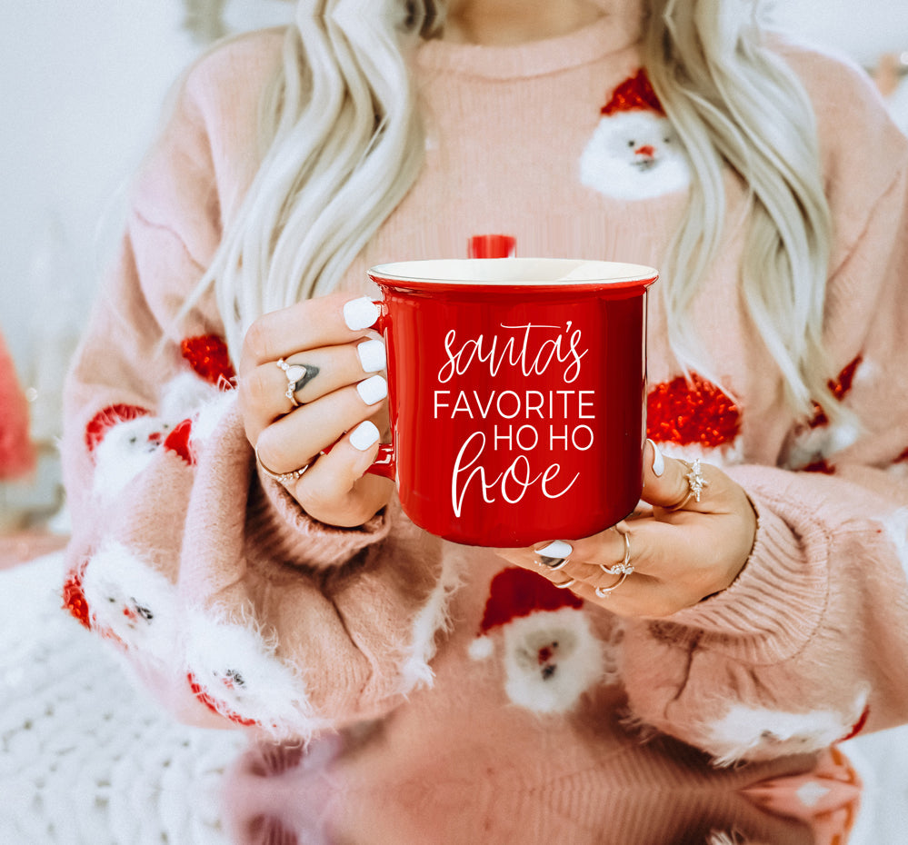 Ho Ho Hoe Holiday Mug 14.5oz Ceramic Campfire Style Double Sided Red Or Green Microwave Safe BandsCo Straps