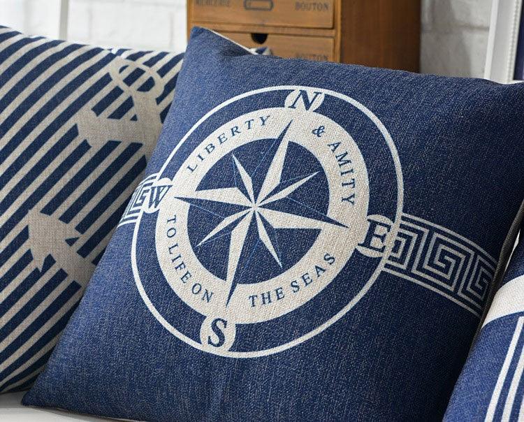 Home Decorative Pillows Mediterranean Pillow Cover Blue Anchor Navigation Compass Sailboat Pillowcase Decorative Cushion Cover For Home Cover Sea Blue Compass Marine Ship Linen Pillow Case Cushion Cover 45x45CM Stevvex