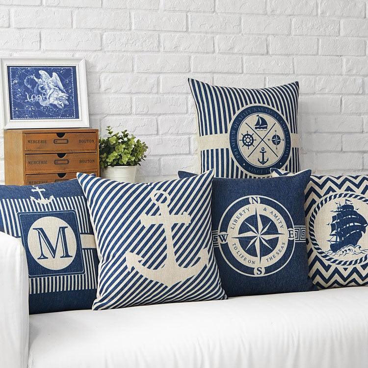 Home Decorative Pillows Mediterranean Pillow Cover Blue Anchor Navigation Compass Sailboat Pillowcase Decorative Cushion Cover For Home Cover Sea Blue Compass Marine Ship Linen Pillow Case Cushion Cover 45x45CM Stevvex