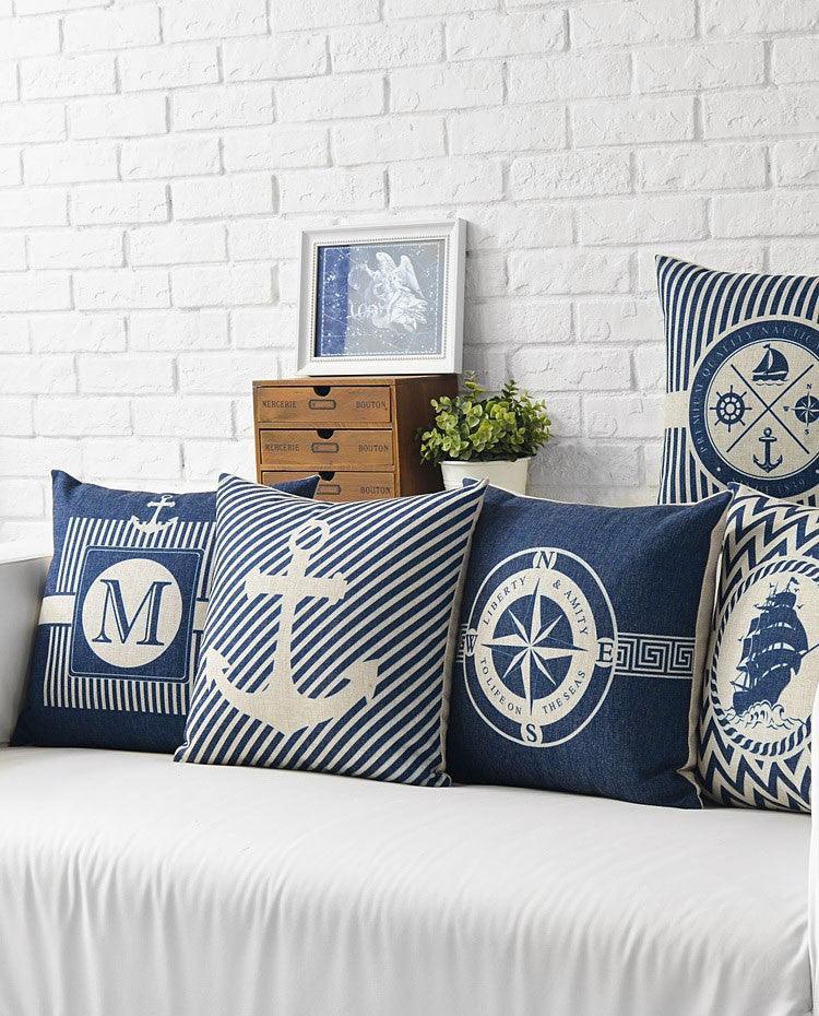 Home Decorative Pillows Mediterranean Pillow Cover Blue Anchor Navigation Compass Sailboat Pillowcase Decorative Cushion Cover For Home Cover Sea Blue Compass Marine Ship Linen Pillow Case Cushion Cover 45x45CM Stevvex