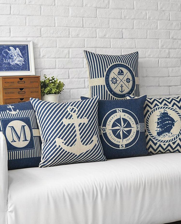 Home Decorative Pillows Mediterranean Pillow Cover Blue Anchor Navigation Compass Sailboat Pillowcase Decorative Cushion Cover For Home Cover Sea Blue Compass Marine Ship Linen Pillow Case Cushion Cover 45x45CM Stevvex