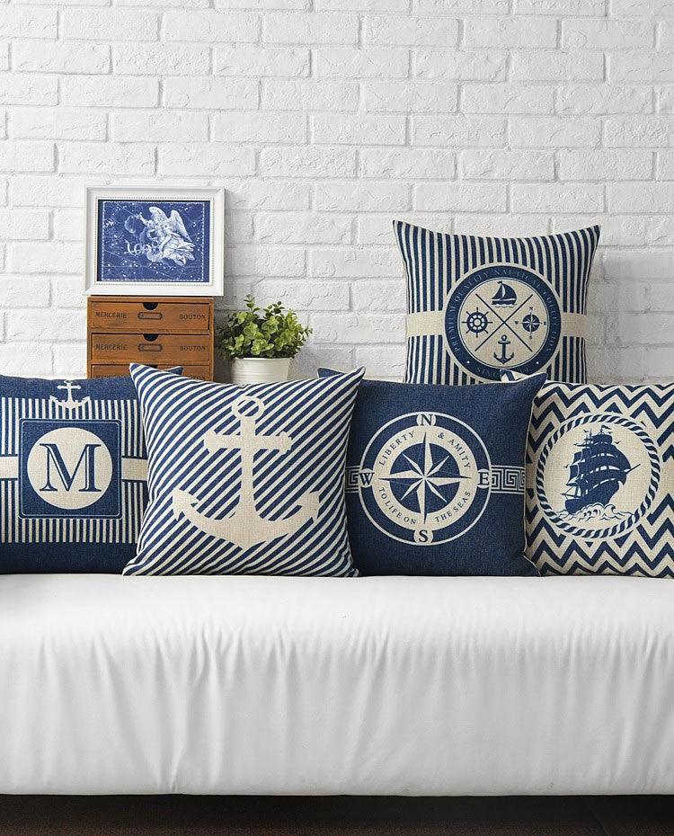 Home Decorative Pillows Mediterranean Pillow Cover Blue Anchor Navigation Compass Sailboat Pillowcase Decorative Cushion Cover For Home Cover Sea Blue Compass Marine Ship Linen Pillow Case Cushion Cover 45x45CM Stevvex