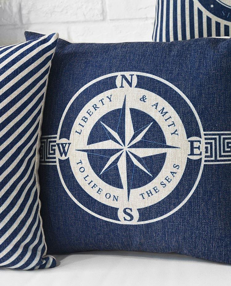 Home Decorative Pillows Mediterranean Pillow Cover Blue Anchor Navigation Compass Sailboat Pillowcase Decorative Cushion Cover For Home Cover Sea Blue Compass Marine Ship Linen Pillow Case Cushion Cover 45x45CM Stevvex