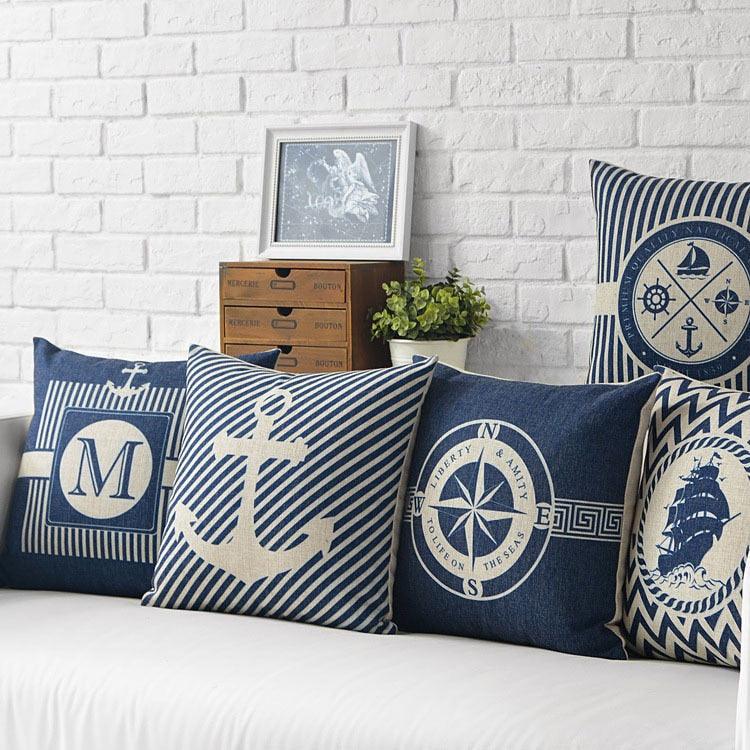 Home Decorative Pillows Mediterranean Pillow Cover Blue Anchor Navigation Compass Sailboat Pillowcase Decorative Cushion Cover For Home Cover Sea Blue Compass Marine Ship Linen Pillow Case Cushion Cover 45x45CM Stevvex