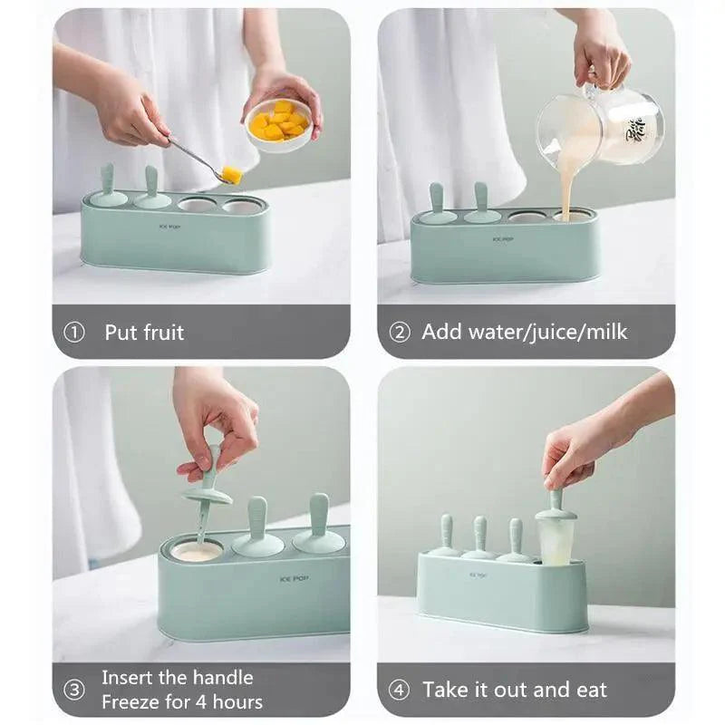 Home Ice Cream Mold Popsicle Tool Silicone 4-hole Popsicle Box Children Dessert Ice Cream Maker Kitchen Tools Diy Ice Cream Stevvex