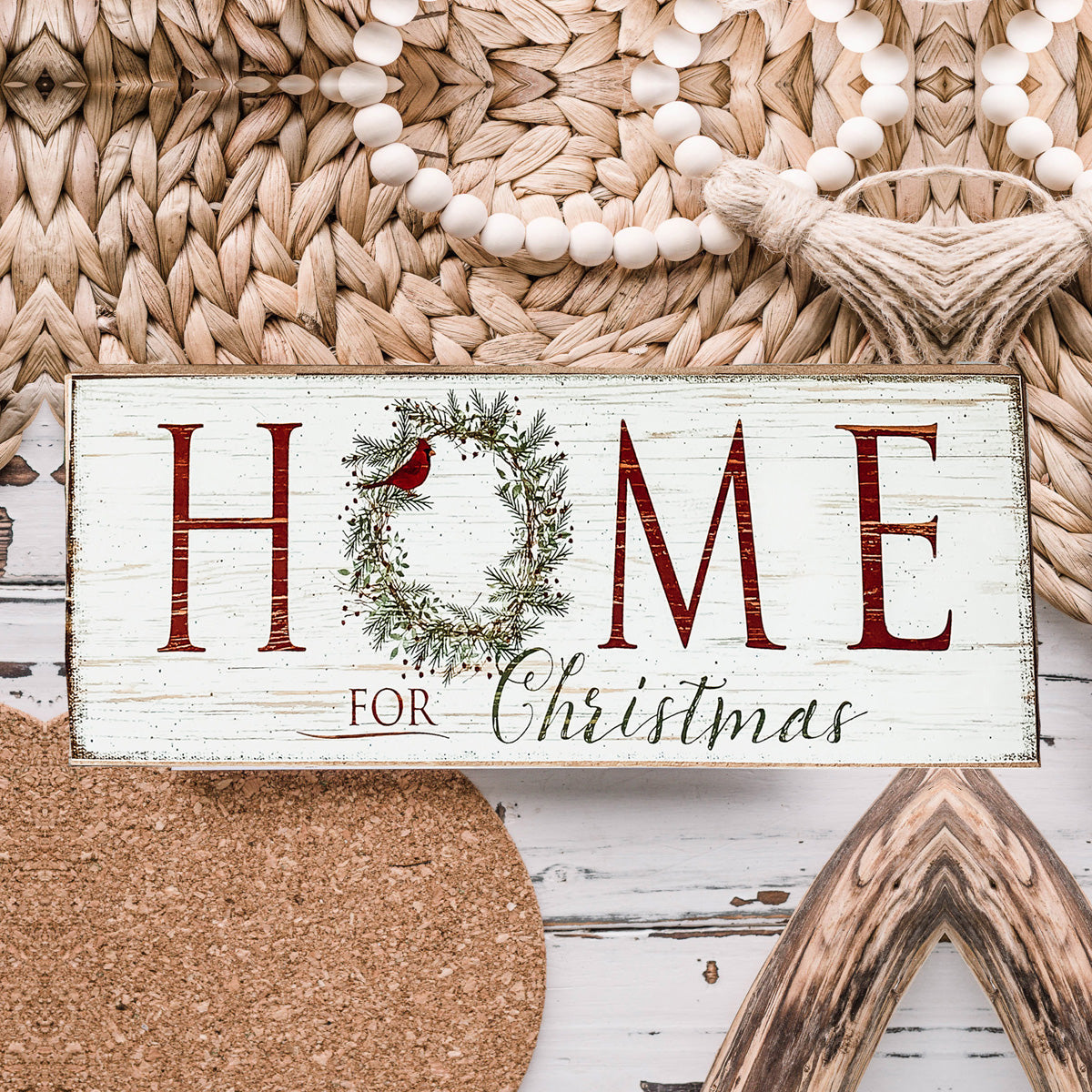 Home For Christmas Wooden Sign With Wreath Holiday Mantel Shelf Decor BandsCo Straps