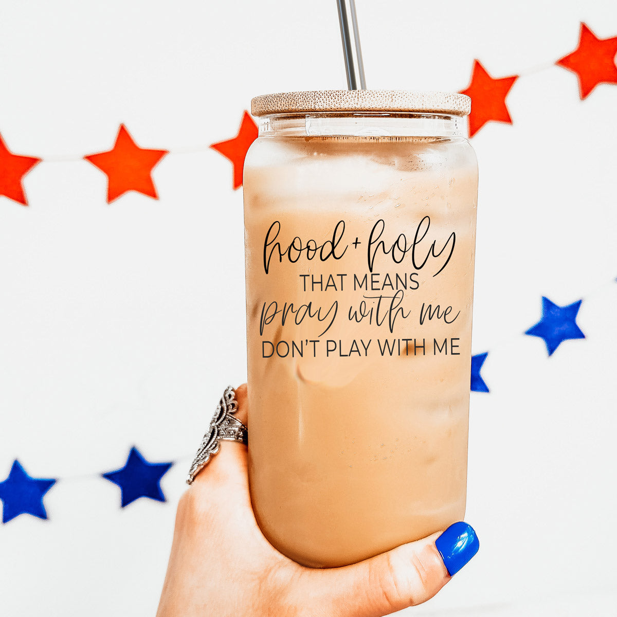 Hood And Holy 17oz Glass Tumbler With Bamboo Lid, 2 Stainless Straws And Straw Cleaner BandsCo Straps