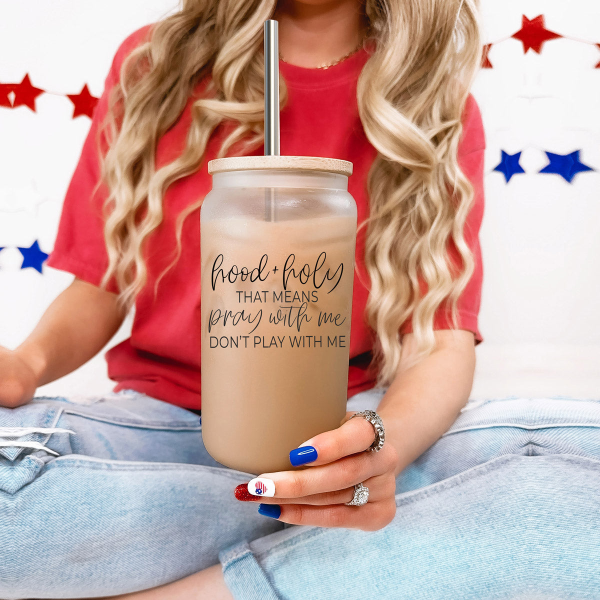 Hood And Holy 17oz Glass Tumbler With Bamboo Lid, 2 Stainless Straws And Straw Cleaner BandsCo Straps
