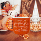 Pumpkin Horror Mug 14.5oz Orange Ceramic Campfire Dual-Sided White Text