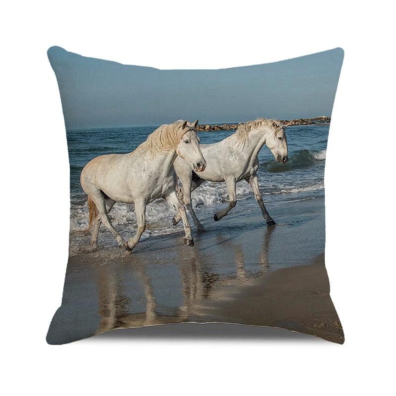 Horse Pattern Pillow Cover Running Horses Cotton Linen Square Cushion Cover Standard Pillowcase for Men Women Home Decorative Sofa Armchair Bedroom Livingroom Farmhouse 45x45CM Stevvex