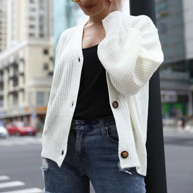 Hot Look Stylish Women's Knitted Cardigans Sweater Fashionable Autumn Long Sleeve Loose Coat Casual Button Thick V Neck Solid Female Tops Stevvex