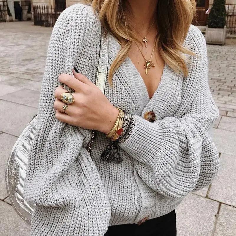 Hot Look Stylish Women's Knitted Cardigans Sweater Fashionable Autumn Long Sleeve Loose Coat Casual Button Thick V Neck Solid Female Tops Stevvex