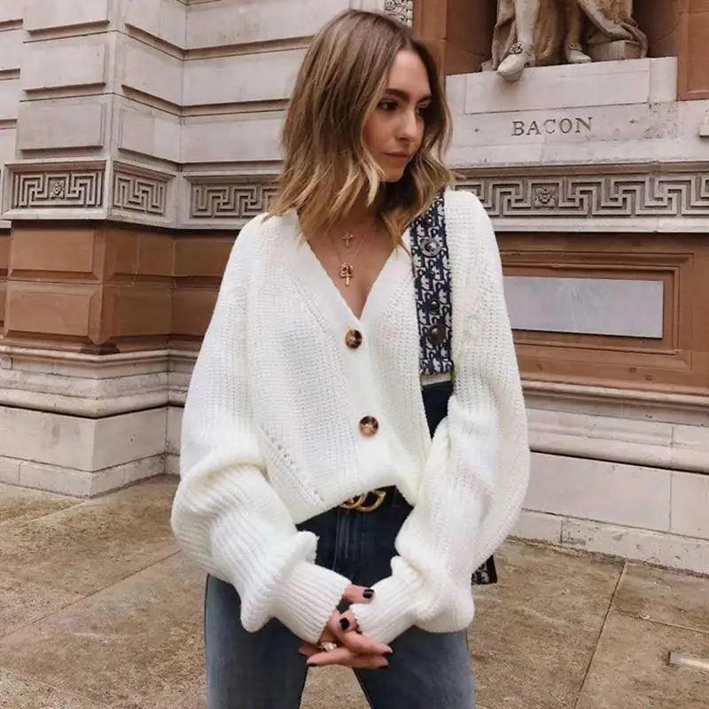 Hot Look Stylish Women's Knitted Cardigans Sweater Fashionable Autumn Long Sleeve Loose Coat Casual Button Thick V Neck Solid Female Tops Stevvex