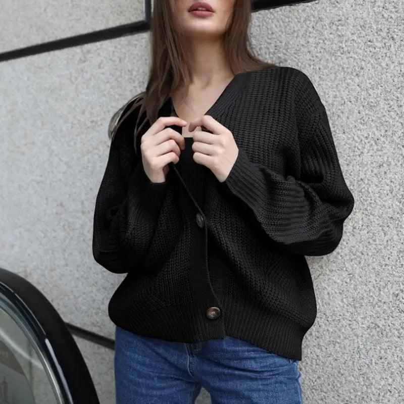 Hot Look Stylish Women's Knitted Cardigans Sweater Fashionable Autumn Long Sleeve Loose Coat Casual Button Thick V Neck Solid Female Tops Stevvex