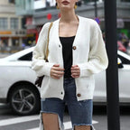 Hot Look Stylish Women's Knitted Cardigans Sweater Fashionable Autumn Long Sleeve Loose Coat Casual Button Thick V Neck Solid Female Tops Stevvex
