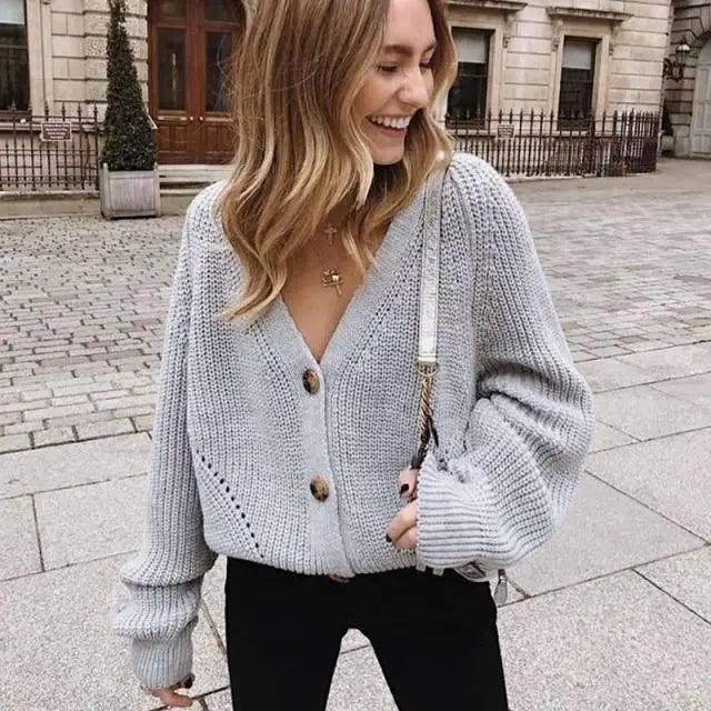 Hot Look Stylish Women's Knitted Cardigans Sweater Fashionable Autumn Long Sleeve Loose Coat Casual Button Thick V Neck Solid Female Tops Stevvex