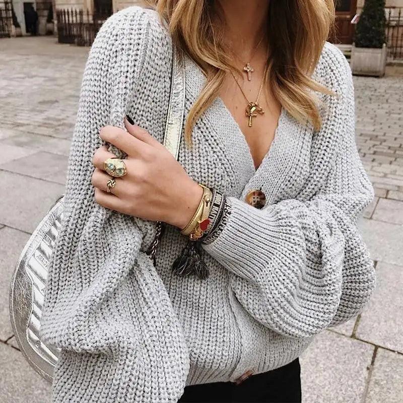 Hot Look Stylish Women's Knitted Cardigans Sweater Fashionable Autumn Long Sleeve Loose Coat Casual Button Thick V Neck Solid Female Tops Stevvex