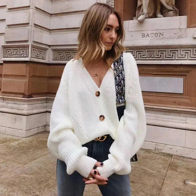 Hot Look Stylish Women's Knitted Cardigans Sweater Fashionable Autumn Long Sleeve Loose Coat Casual Button Thick V Neck Solid Female Tops Stevvex