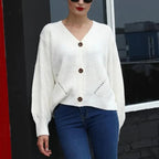 Hot Look Stylish Women's Knitted Cardigans Sweater Fashionable Autumn Long Sleeve Loose Coat Casual Button Thick V Neck Solid Female Tops Stevvex