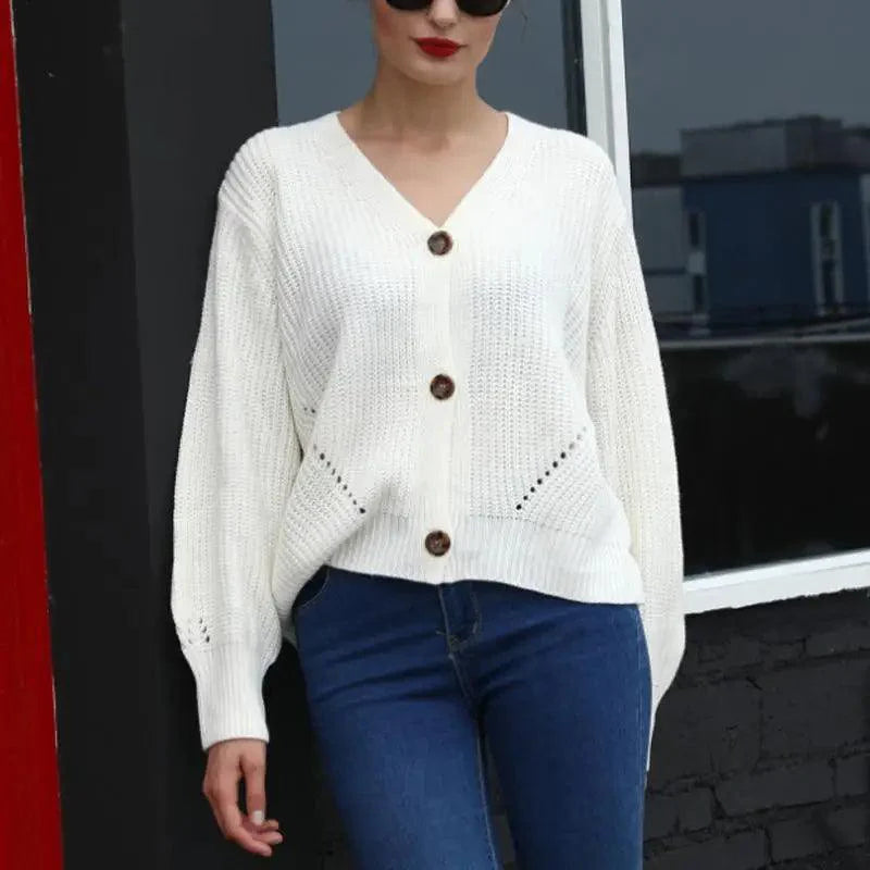 Hot Look Stylish Women's Knitted Cardigans Sweater Fashionable Autumn Long Sleeve Loose Coat Casual Button Thick V Neck Solid Female Tops Stevvex