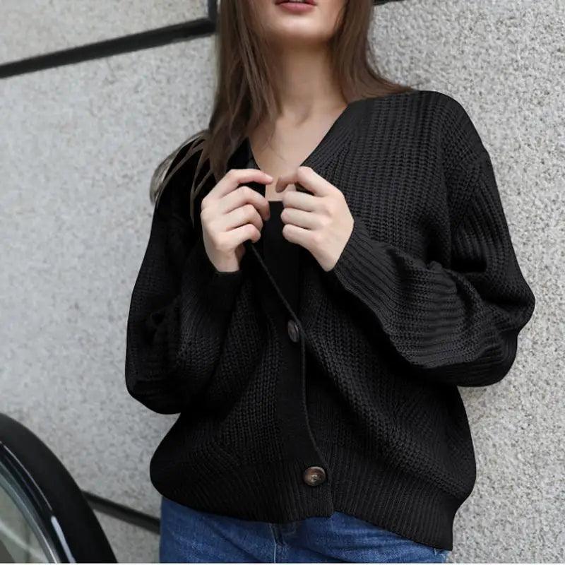 Hot Look Stylish Women's Knitted Cardigans Sweater Fashionable Autumn Long Sleeve Loose Coat Casual Button Thick V Neck Solid Female Tops Stevvex