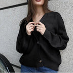 Hot Look Stylish Women's Knitted Cardigans Sweater Fashionable Autumn Long Sleeve Loose Coat Casual Button Thick V Neck Solid Female Tops Stevvex
