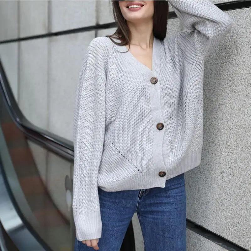 Hot Look Stylish Women's Knitted Cardigans Sweater Fashionable Autumn Long Sleeve Loose Coat Casual Button Thick V Neck Solid Female Tops Stevvex