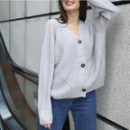 Hot Look Stylish Women's Knitted Cardigans Sweater Fashionable Autumn Long Sleeve Loose Coat Casual Button Thick V Neck Solid Female Tops Stevvex