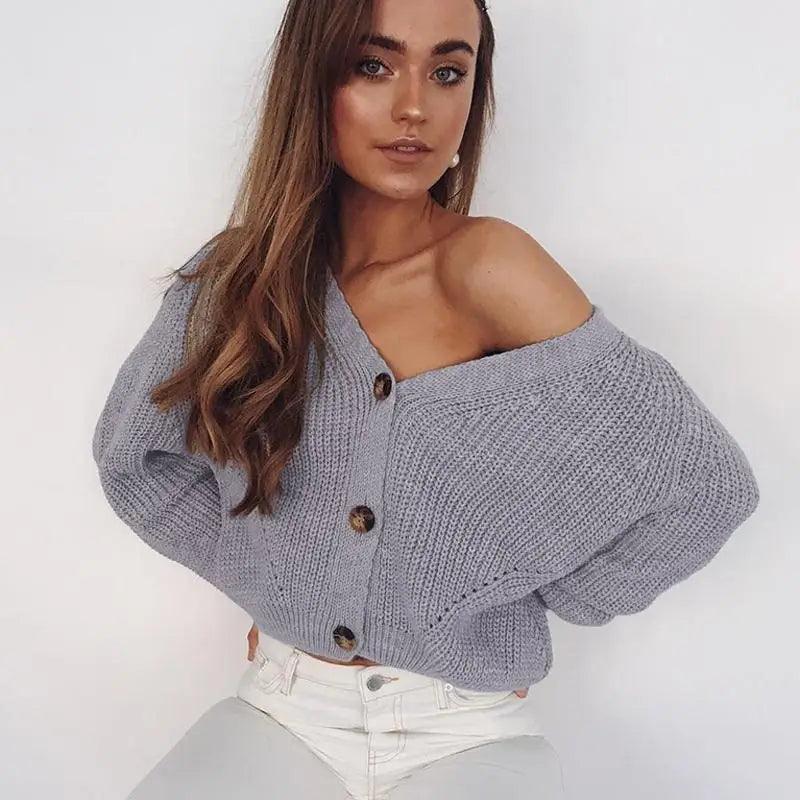 Hot Look Stylish Women's Knitted Cardigans Sweater Fashionable Autumn Long Sleeve Loose Coat Casual Button Thick V Neck Solid Female Tops Stevvex