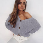 Hot Look Stylish Women's Knitted Cardigans Sweater Fashionable Autumn Long Sleeve Loose Coat Casual Button Thick V Neck Solid Female Tops Stevvex
