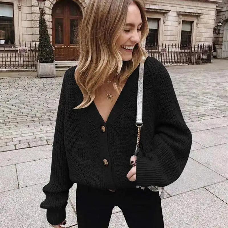 Hot Look Stylish Women's Knitted Cardigans Sweater Fashionable Autumn Long Sleeve Loose Coat Casual Button Thick V Neck Solid Female Tops Stevvex