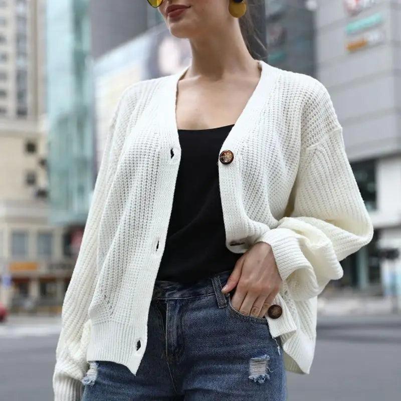 Hot Look Stylish Women's Knitted Cardigans Sweater Fashionable Autumn Long Sleeve Loose Coat Casual Button Thick V Neck Solid Female Tops Stevvex