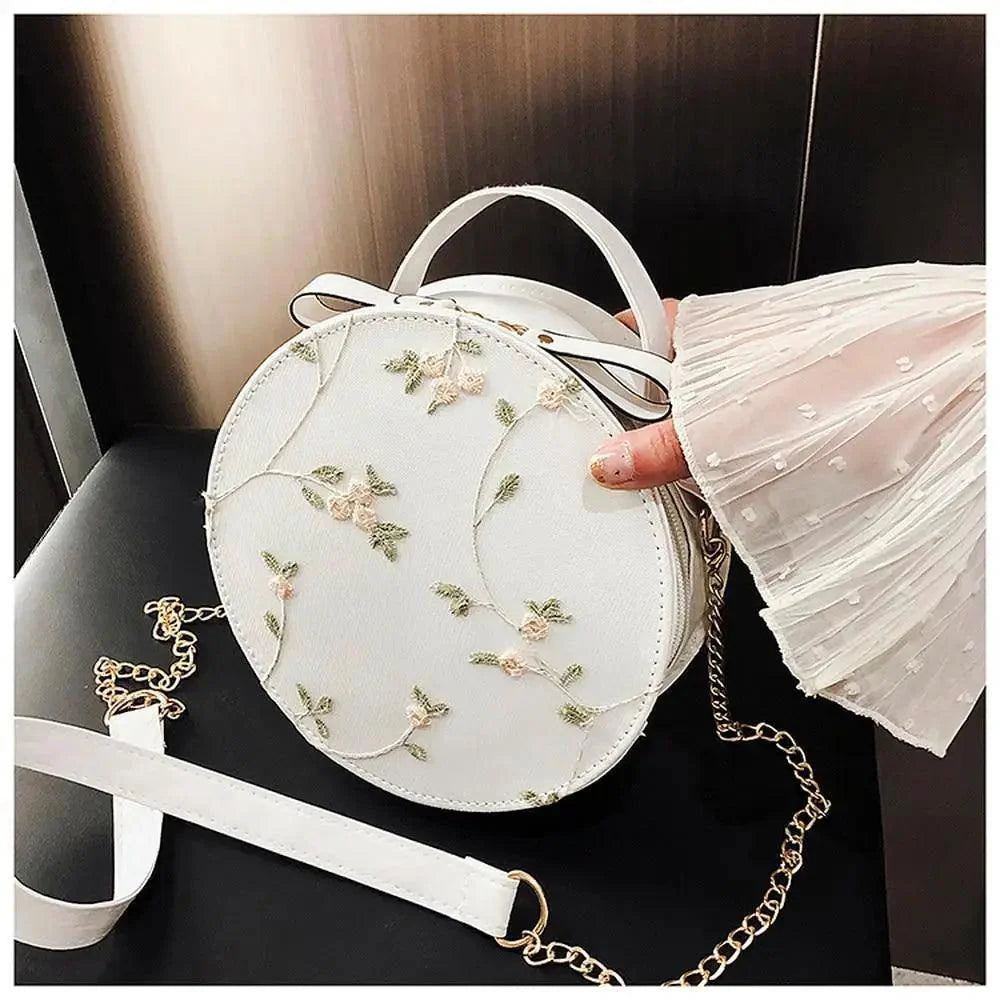 Hot Looking Sweet Lace Round Handbags High Quality PU Leather Small Fresh Flower Chain Shoulder Crossbody Bags For Women Stevvex