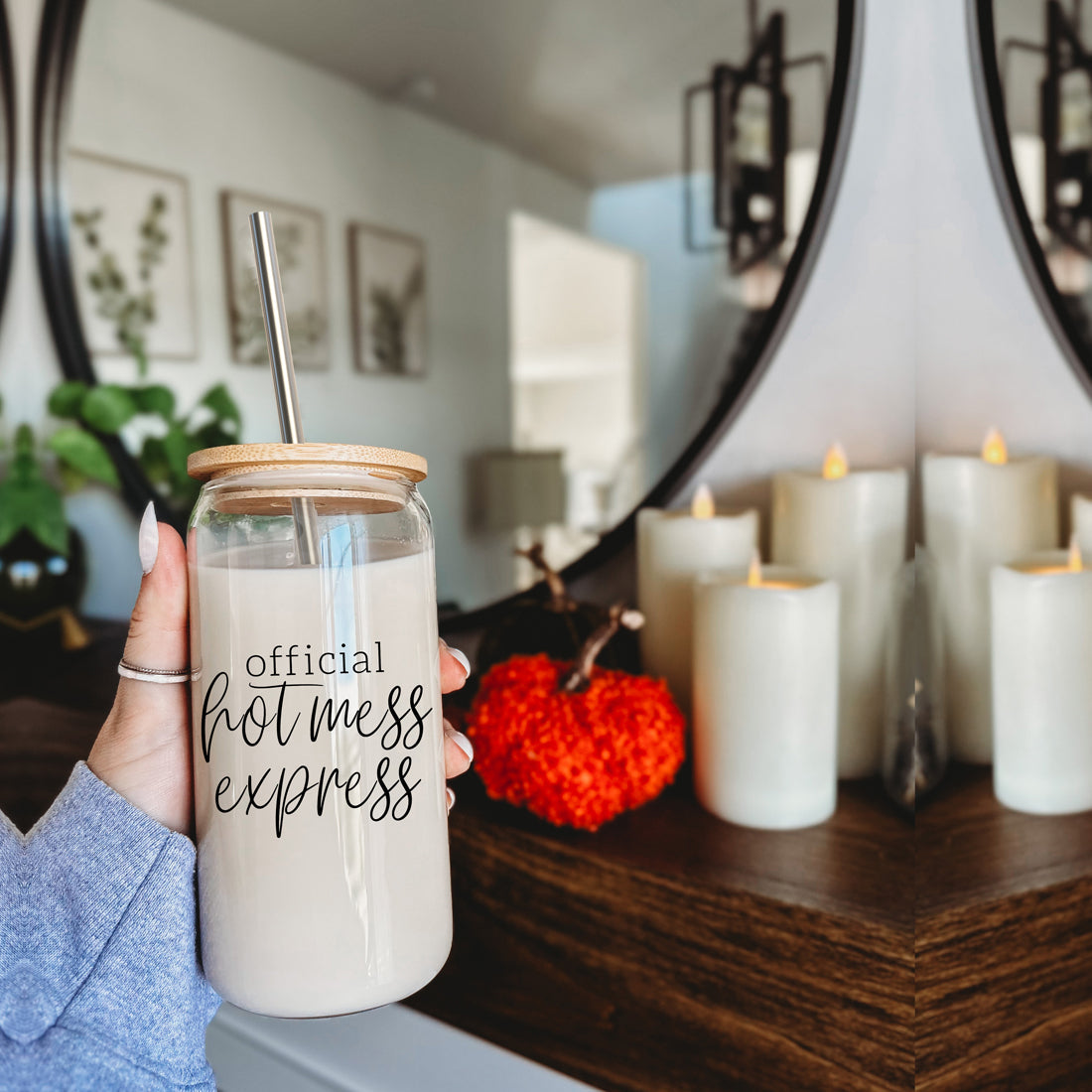 Hot Mess 17oz Glass Tumbler With Bamboo Lid, 2 Stainless Straws and Cleaner BandsCo Straps