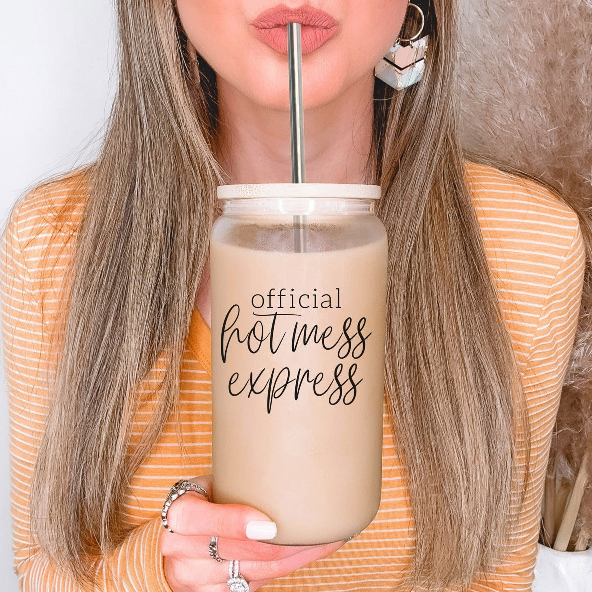Hot Mess 17oz Glass Tumbler With Bamboo Lid, 2 Stainless Straws and Cleaner BandsCo Straps