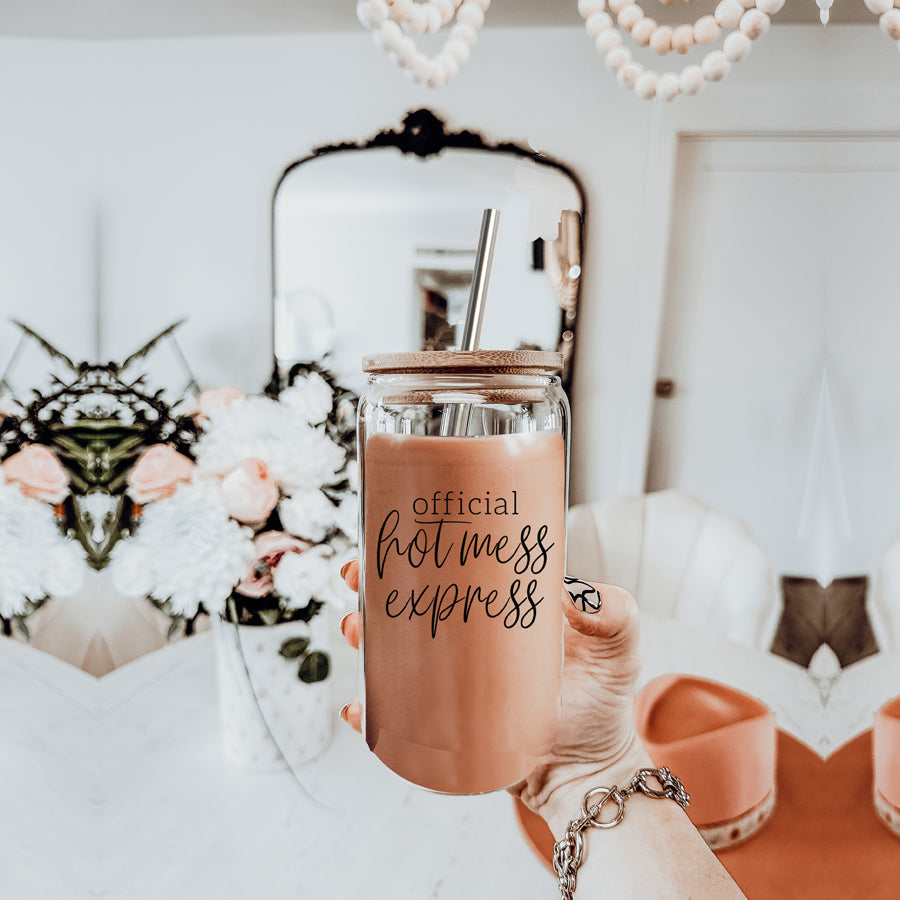 Hot Mess 17oz Glass Tumbler With Bamboo Lid, 2 Stainless Straws and Cleaner BandsCo Straps