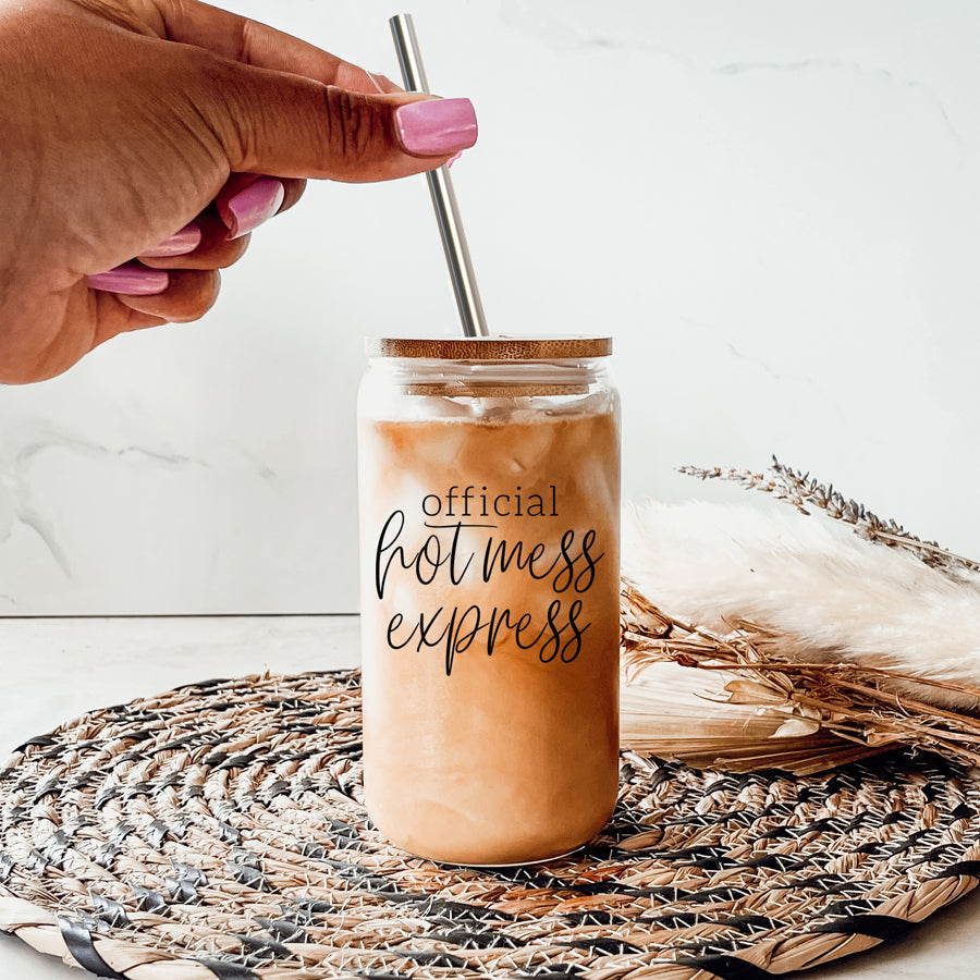 Hot Mess 17oz Glass Tumbler With Bamboo Lid, 2 Stainless Straws and Cleaner BandsCo Straps