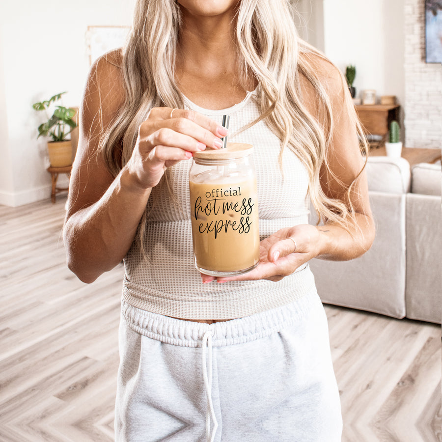 Hot Mess 17oz Glass Tumbler With Bamboo Lid, 2 Stainless Straws and Cleaner BandsCo Straps